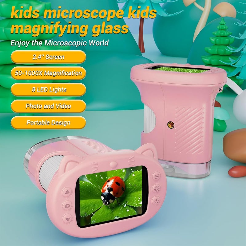 WINWEND 2.4" Screen Pocket Kids Microscope: 1000X Handheld Microscope for Photo and Video - Portable Science Kits STEM Toys – Christmas/Birthday Gifts for Girls & Boys Ages 3-12(Pink) - Image 2